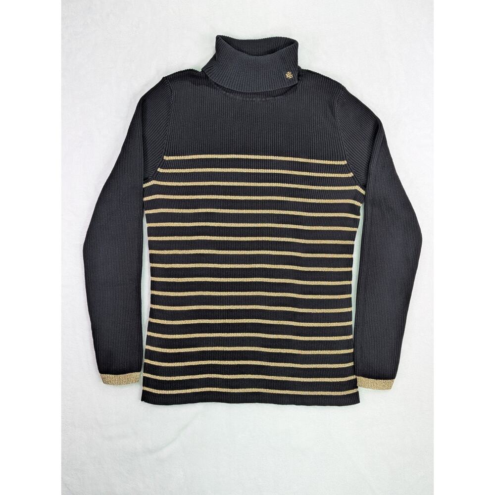 Lauren Ralph Lauren Womens Size Large Black & Gold Striped Turtleneck Sweater
